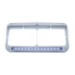 14 LED Chrome Rectangular Dual Headlight Bezel With Visor - Blue LED/Clear Lens