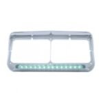 14 LED Chrome Rectangular Dual Headlight Bezel With Visor - Green LED/Clear Lens