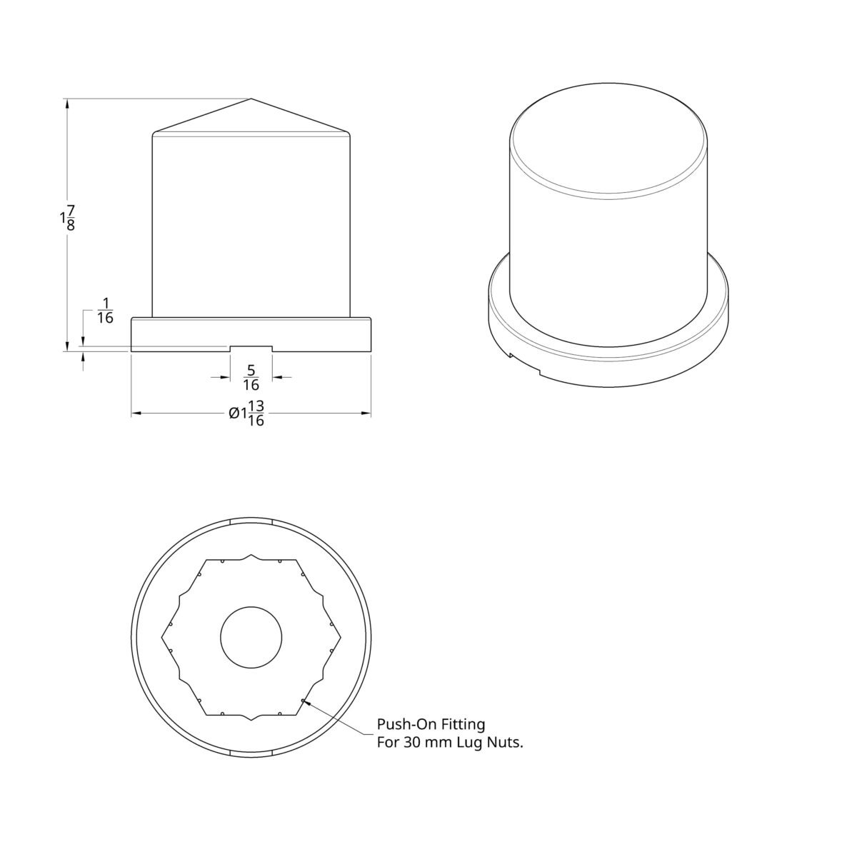 30mm X 1-7/8" Chrome Plastic Pointed Nut Cover - Push-On - Image 2