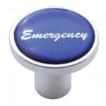 Aluminum Screw-On Air Valve Knob With Glossy Emergency Script Sticker - Blue Sticker