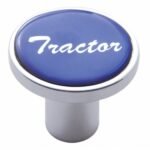 Aluminum Screw-On Air Valve Knob With Glossy Tractor Script Sticker - Blue Sticker