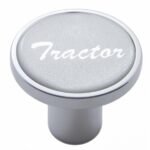Aluminum Screw-On Air Valve Knob With Glossy Tractor Script Sticker - Silver Sticker