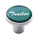 Aluminum Screw-On Air Valve Knob With Glossy Trailer Script Sticker - Green Sticker