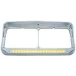 Chrome Rectangular Dual Headlight Bezel With Visor & 19 LED Light Bar - Amber LED/Clear Lens
