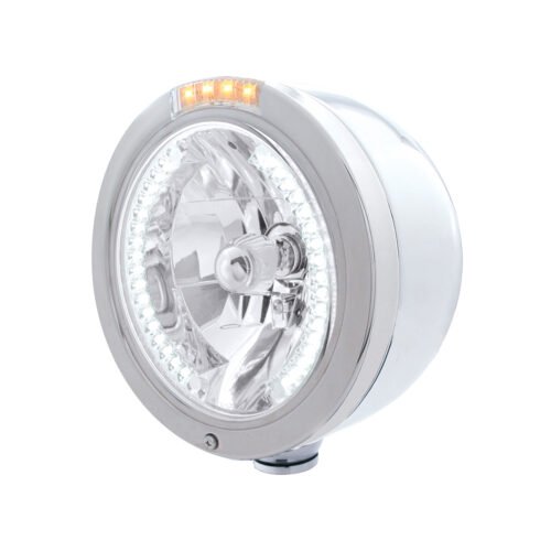 Stainless Steel Bullet Half Moon Headlight H4 With White LED & Signal - Clear Lens