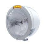 Stainless Steel Bullet Half Moon Headlight H6024 Bulb & LED Turn Signal - Amber Lens