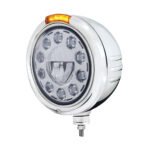 Stainless Steel Classic Embossed Stripe Headlight 11 LED Bulb & Dual Mode LED Signal - Amber Lens