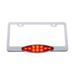 Chrome License Plate Frame With 10 LED Cats Eye Light - Red LED/Red Lens