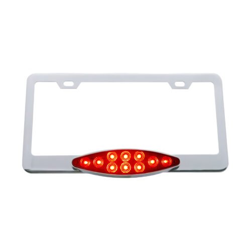 Chrome License Plate Frame With 10 LED Cats Eye Light - Red LED/Red Lens