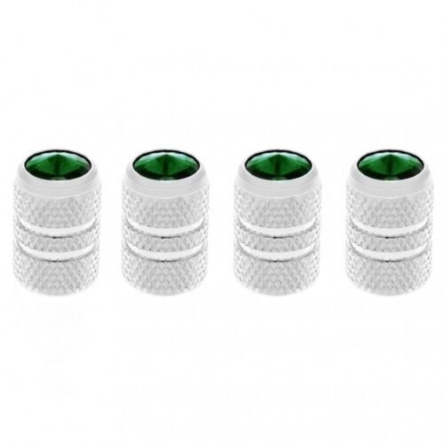 Chrome Tubular Valve Caps With Green Crystal (Set of 4)