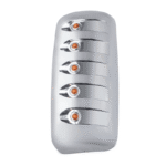 A chrome automotive mirror part with five horizontal lights, each with an orange bulb.