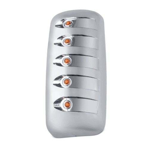A chrome automotive mirror part with five horizontal lights, each with an orange bulb.
