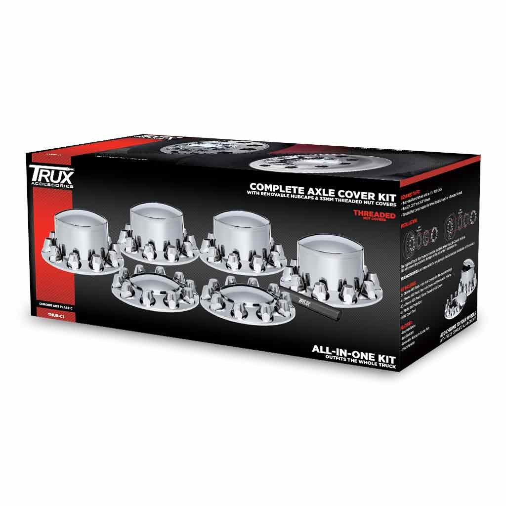 Complete Axle Cover Kit with Removable Hubcaps & 33mm Threaded Nut Covers - Dome Hubcaps | Chrome ABS Plastic-THUB-C1