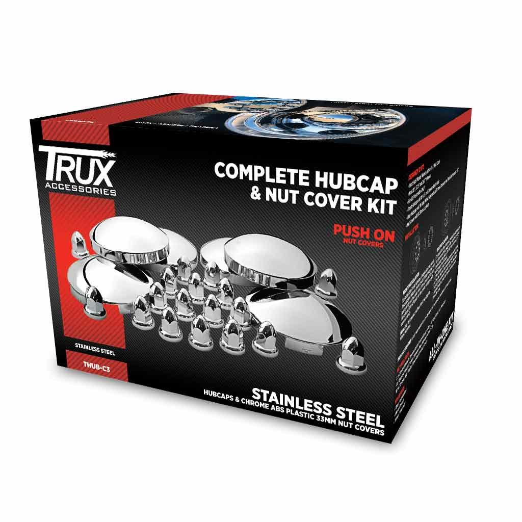Complete Hubcap & Nut Cover Kit - 33mm Push On Nut Covers | Dome Hubcaps | Stainless Steel-THUB-C3