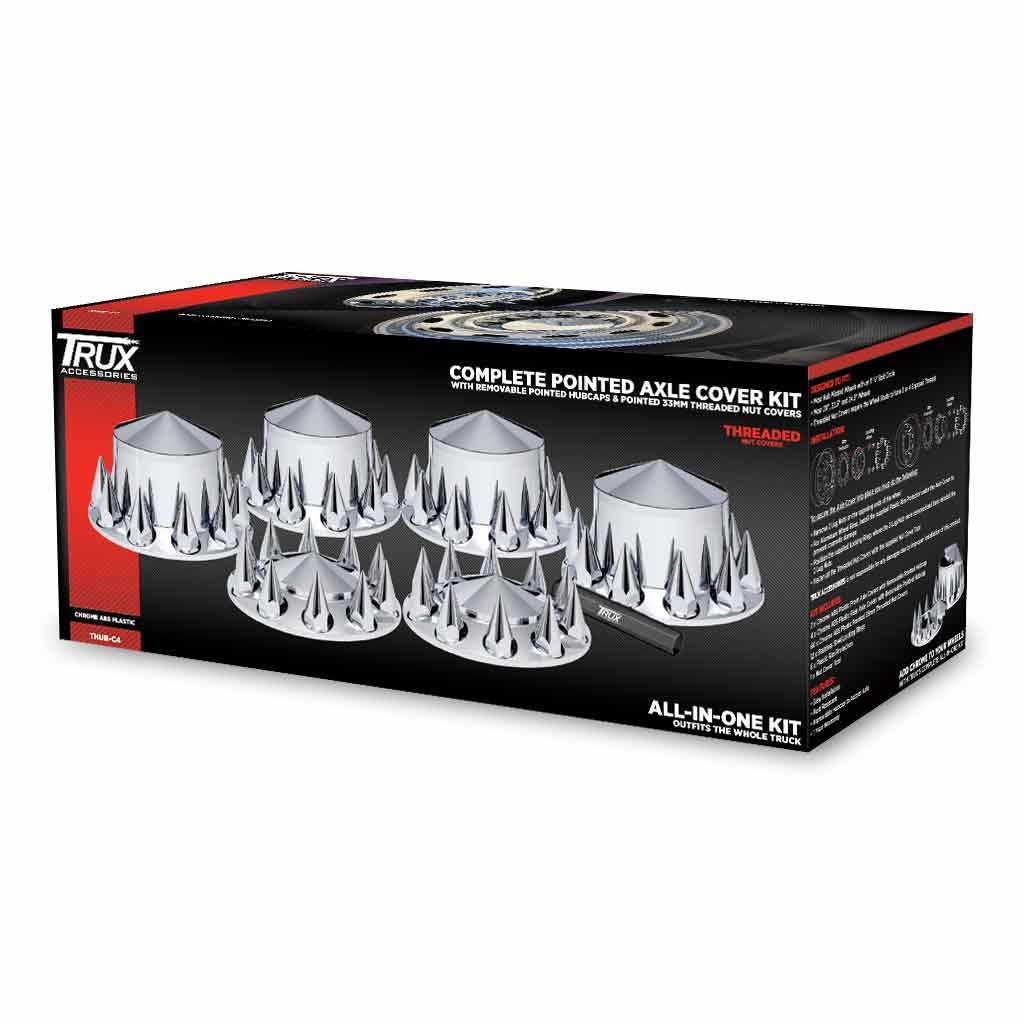 Complete Axle Cover Kit with Removable Hubcaps & 33mm Threaded Pointed Nut Covers - Pointed Hubcaps | Chrome ABS Plastic-THUB-C4