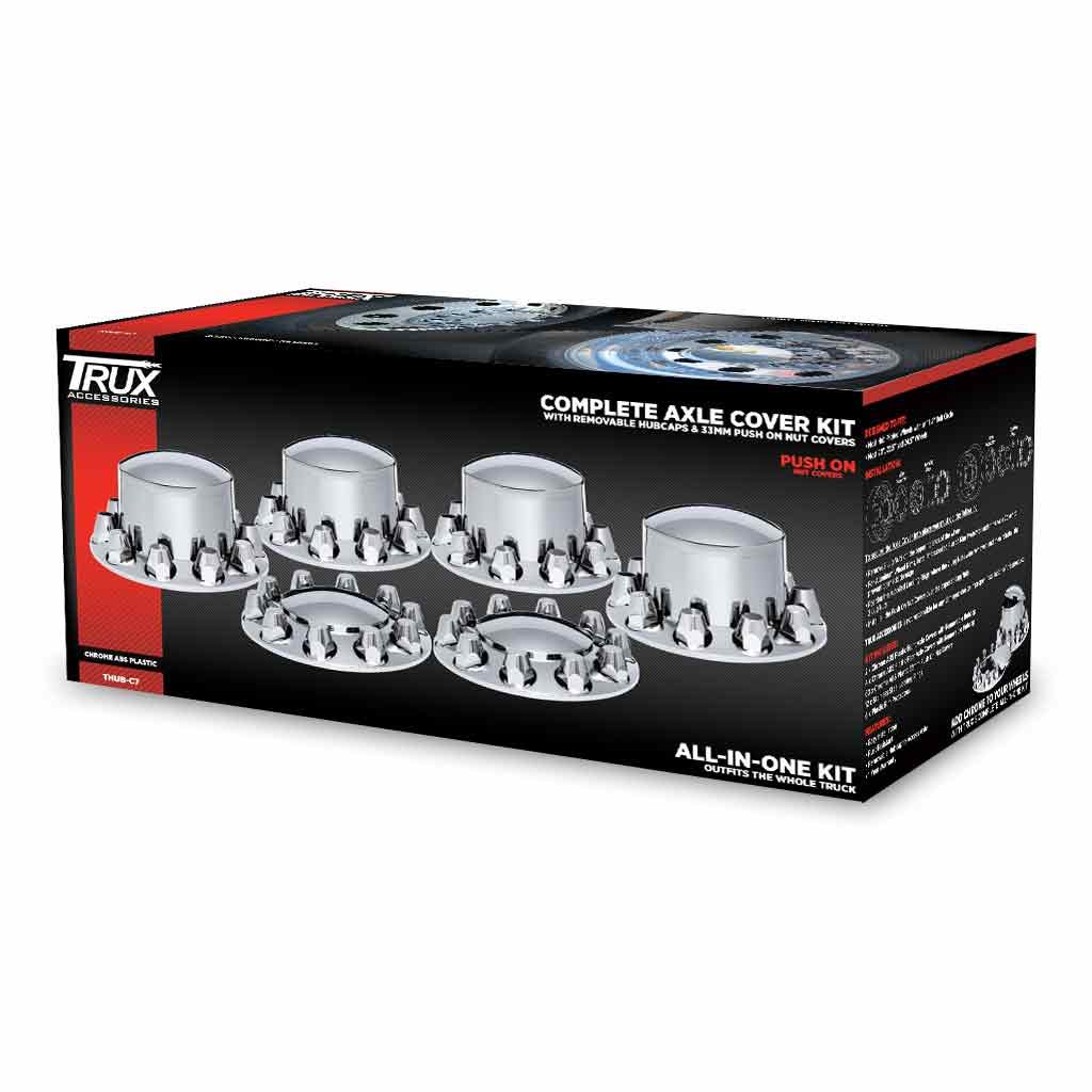 Complete Axle Cover Kit with Removable Hubcaps & 33mm Push On Nut Covers - Dome Hubcaps | Chrome ABS Plastic-THUB-C7
