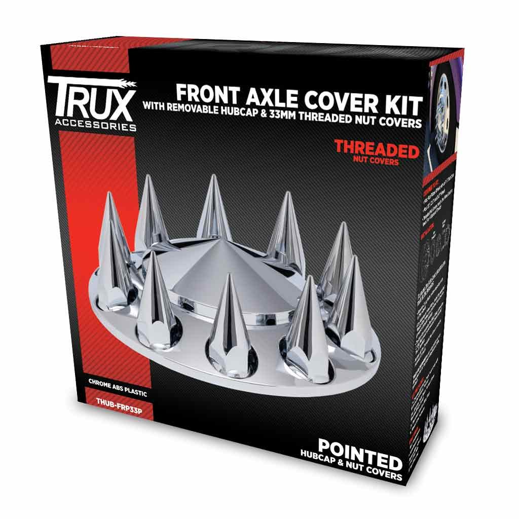 Front Axle Cover Kit with Removable Hubcap & 33mm Threaded Nut Covers - Pointed Hubcap & Nut Covers | Chrome ABS Plastic-THUB-FRP33P