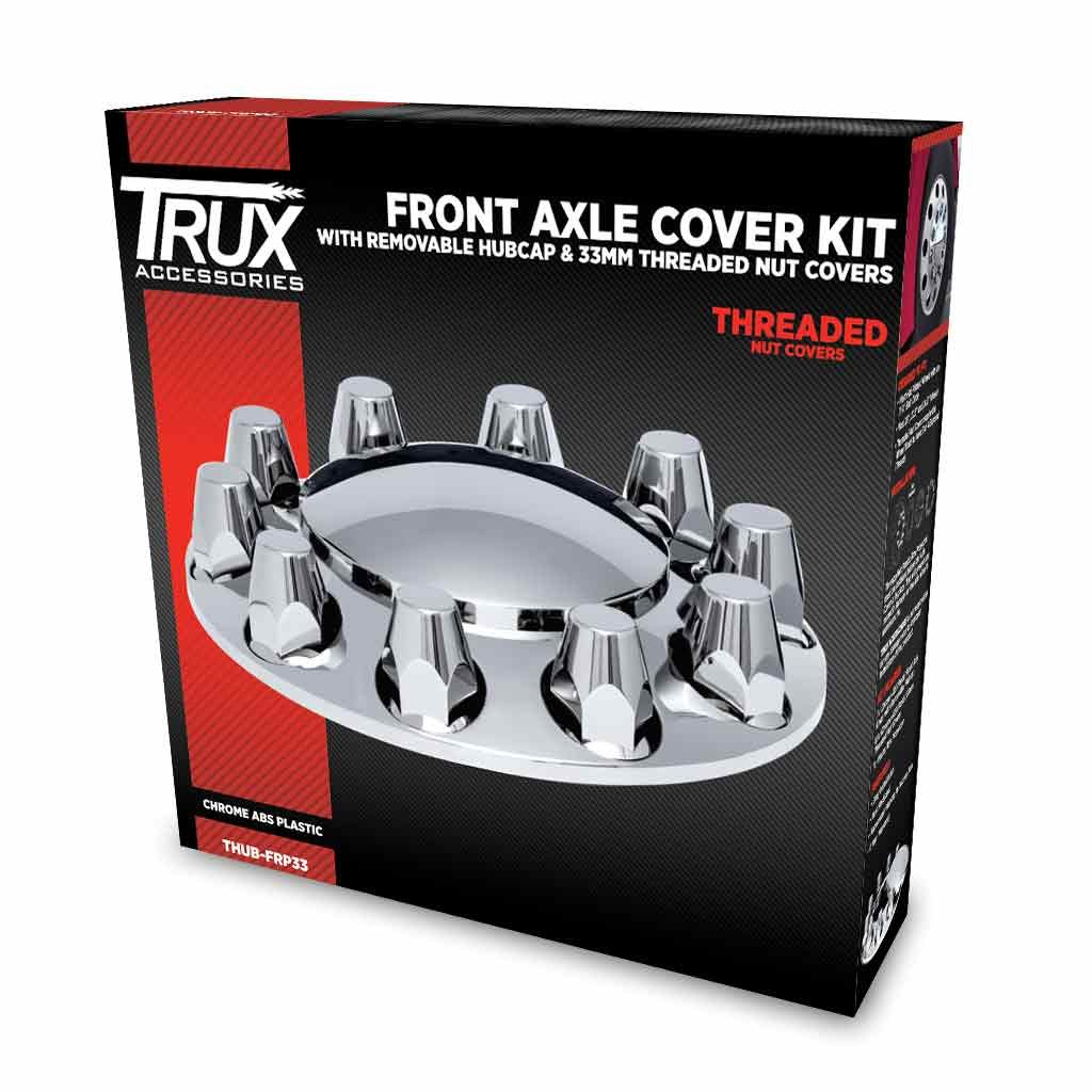 Front Axle Cover Kit with Removable Hubcap & 33mm Threaded Nut Covers - Dome Hubcap | Chrome ABS Plastic-THUB-FRP33