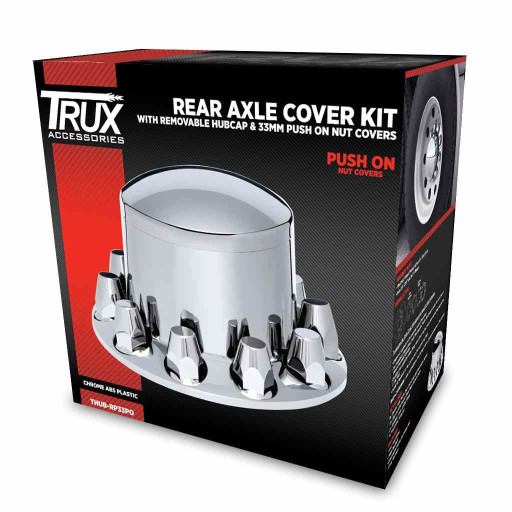Rear Axle Cover Kit with Removable Hubcap & 33mm Push On Nut Covers - Dome Hubcap | Chrome ABS Plastic-THUB-RP33PO