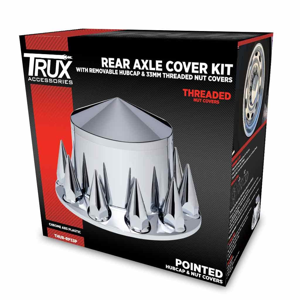 Rear Axle Cover Kit with Removable Hubcap & 33mm Threaded Nut Covers - Pointed Hubcap | Chrome ABS Plastic-THUB-RP33P