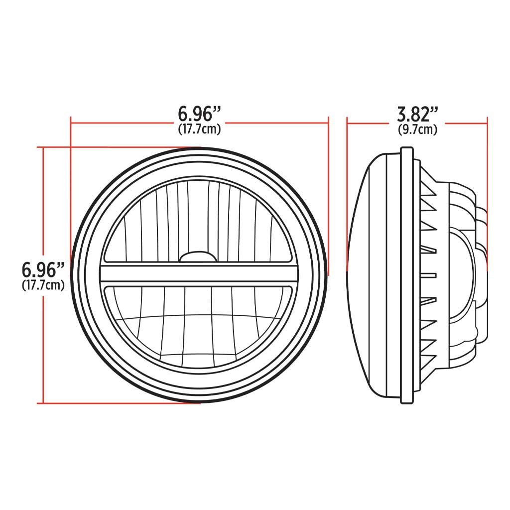 TLED-H119_DIMENSIONS 7" Heated LED Reflector Headlight with Glow Position LED Accent - Combination High & Low Beam | 2200 Lumens - Image 6