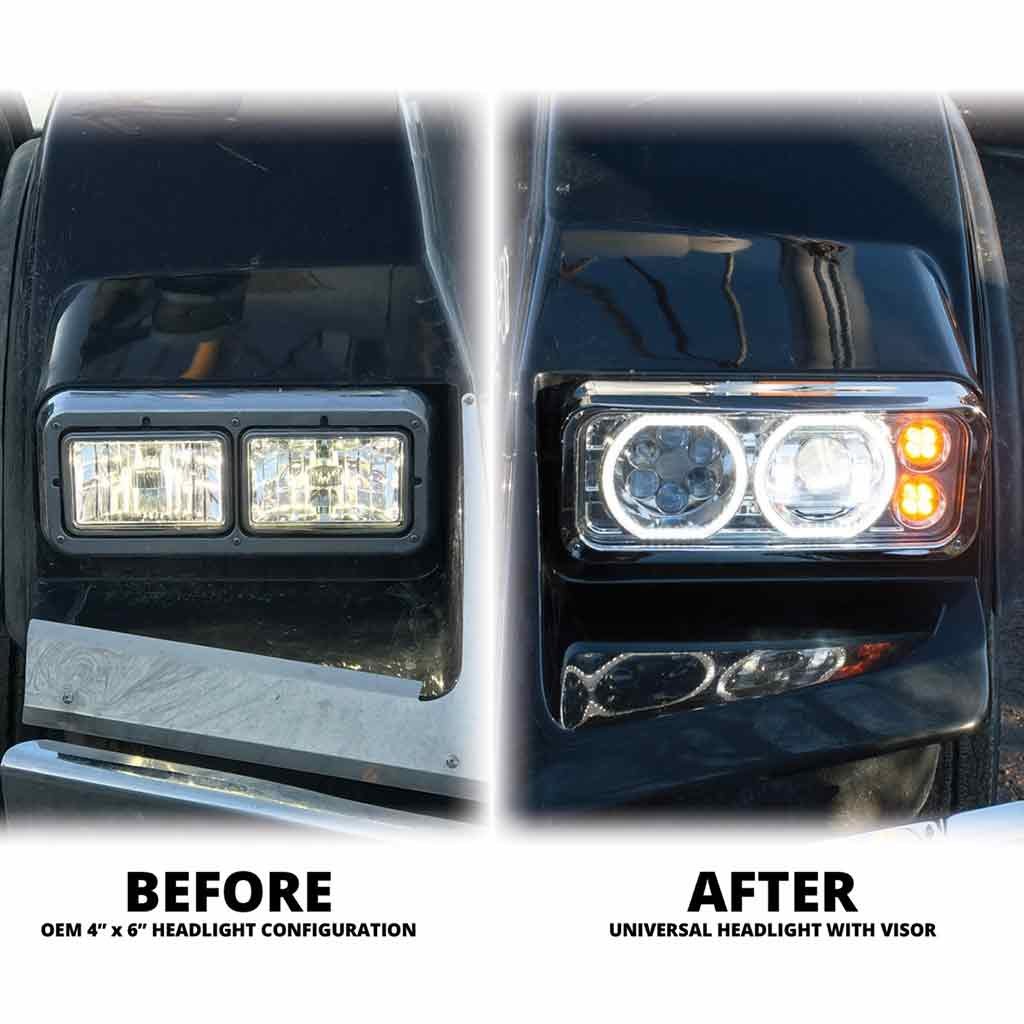 TLED-H123_BEFOREAFTER Universal LED Projector Headlight Assembly with Glow Position Halos & Marker LEDs - Black (Passenger Side) - Image 8