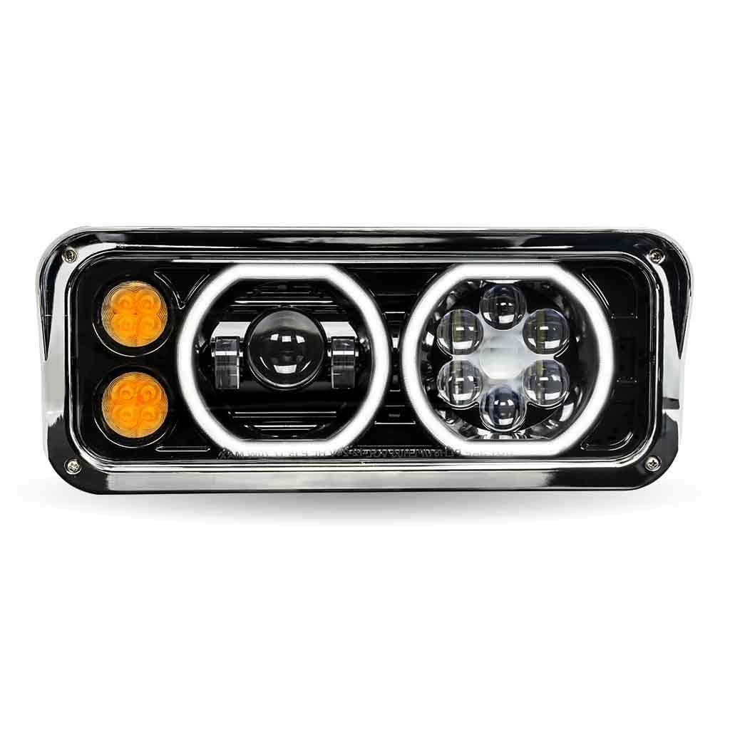 TLED-H123_FRONT_FUNC2 Universal LED Projector Headlight Assembly with Glow Position Halos & Marker LEDs - Black (Passenger Side) - Image 3