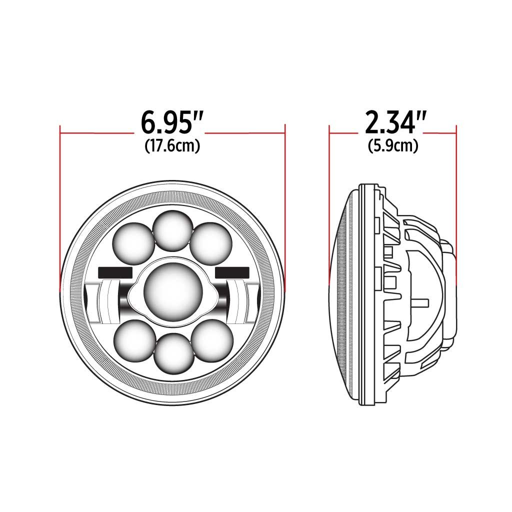 TLED-H3_DIMENSIONS 7" LED Projector Headlight with Glow Position LED Halo - Combination High & Low Beam | 3000 Lumens - Image 10