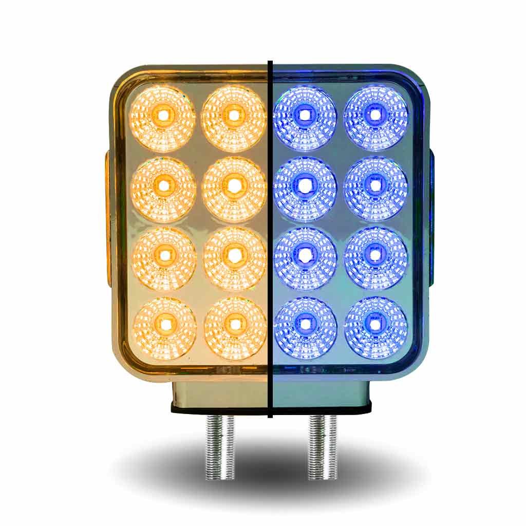 Amber/Red Turn & Marker to Blue Auxiliary Square Reflector Double Face LED Light - Double Post | 38 Diodes | Clear Lens-TLED-SDXB
