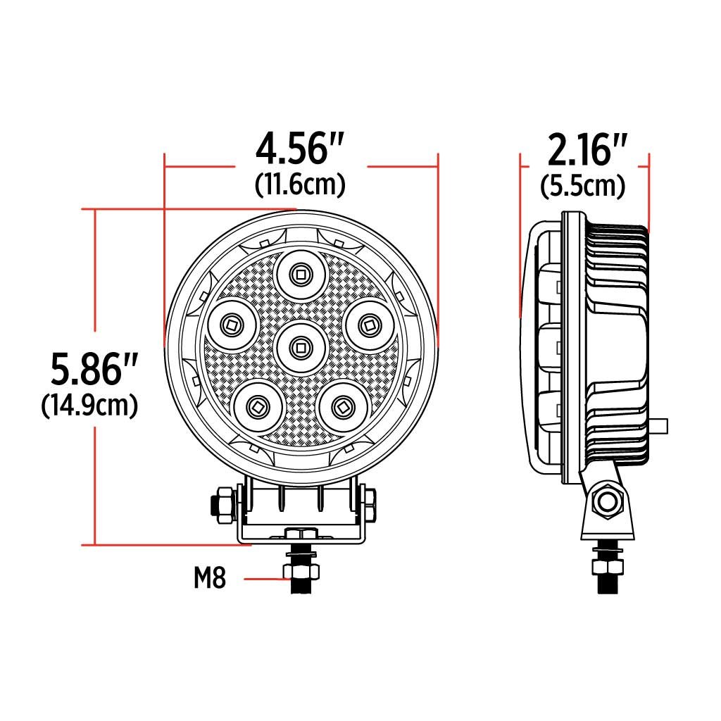 TLED-U102_DIMENSIONS 4.5" Radiant Series Round LED Work Lamps with Maximum Light Output (Pair) - Combination Spot & Flood Beam | 4300 Lumens (Each) - Image 7