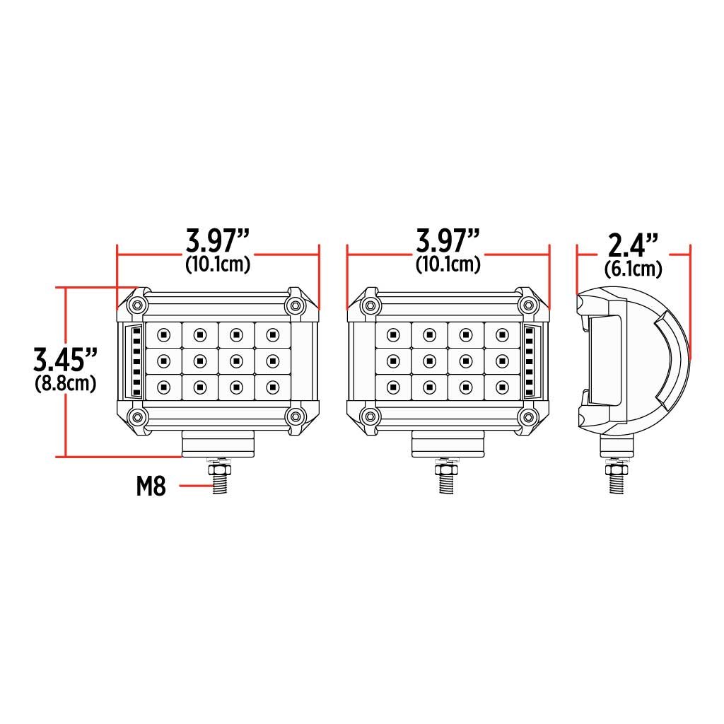 TLED-U107_DIMENSIONS 4" Cube LED Work Lamps with Red Strobe Function (Pair) - Spot Beam | 1800 Lumens (Each) - Image 8