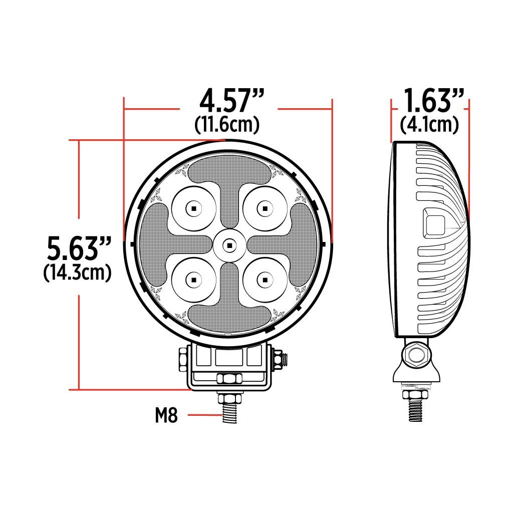 TLED-U114_DIMENSIONS 4.5" Round LED Work Lamp with Strobe Function - Spot Beam | 1800 Lumens - Image 7