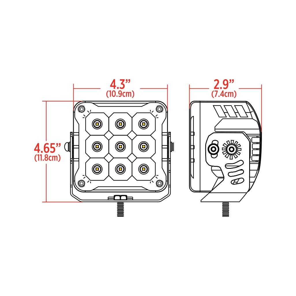 TLED-U130_DIMENSIONS 4.3" High Powered Series Square LED Work Lamp - Flood Beam | 23,000 Lumens - Image 4