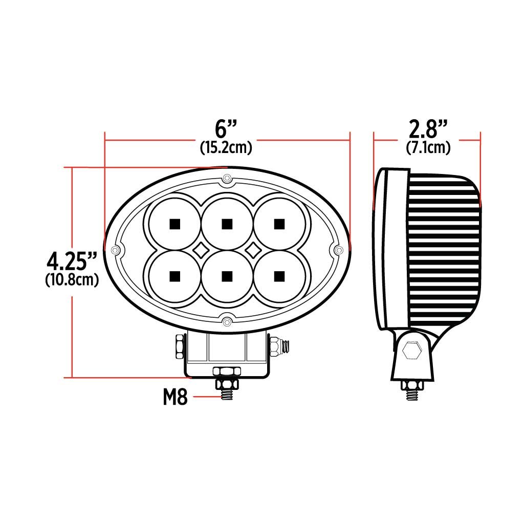 TLED-U9_DIMENSIONS 6" Oval High Powered LED Work Lamp - Spot Beam | 45°0 Lumens - Image 6