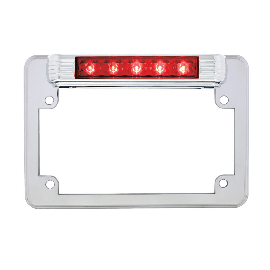 Chrome Motorcycle License Plate Frame With 3rd Brake Light - Red LED/Red Lens110205