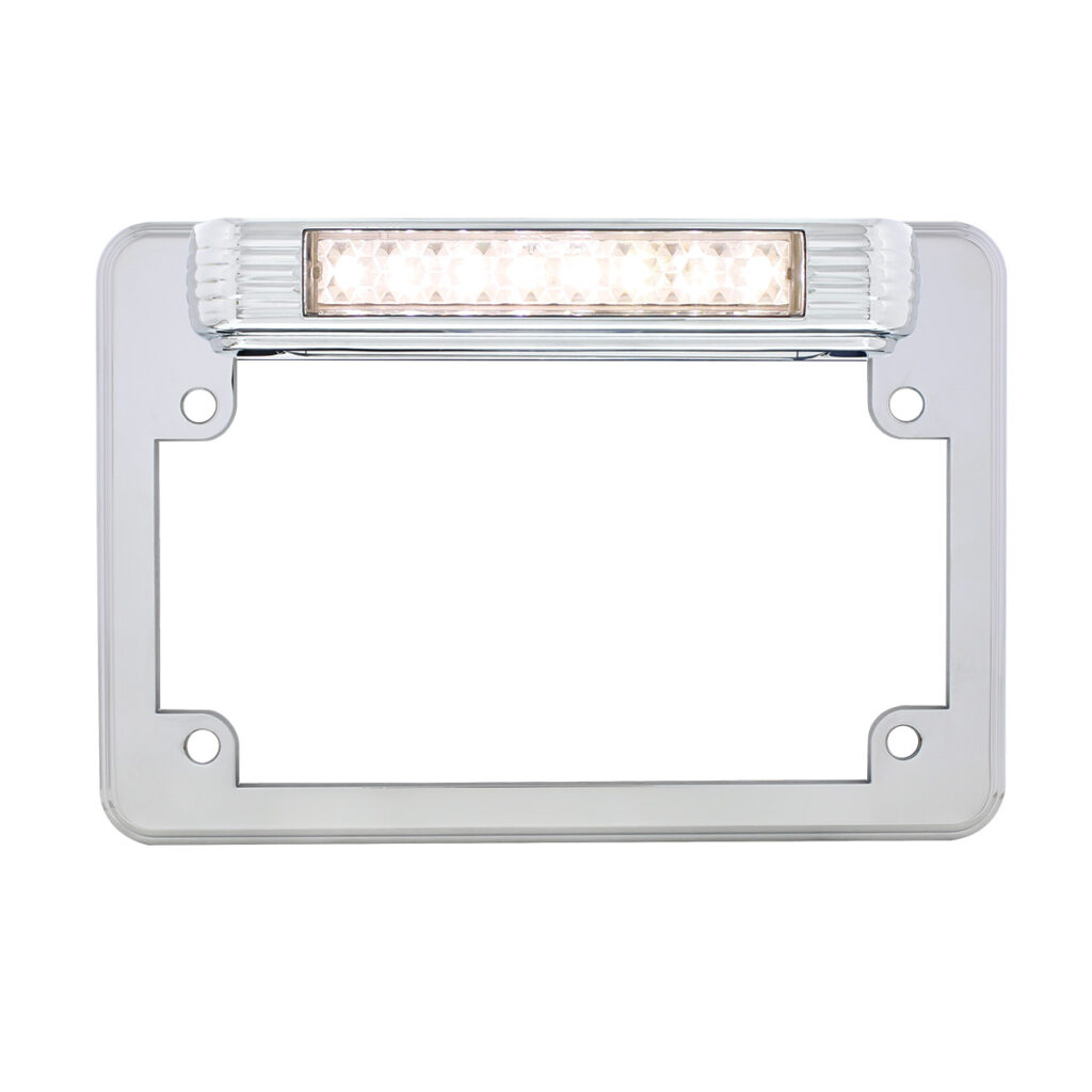 Chrome Motorcycle License Plate Frame With Back-Up Light - White LED/Clears Lens110211