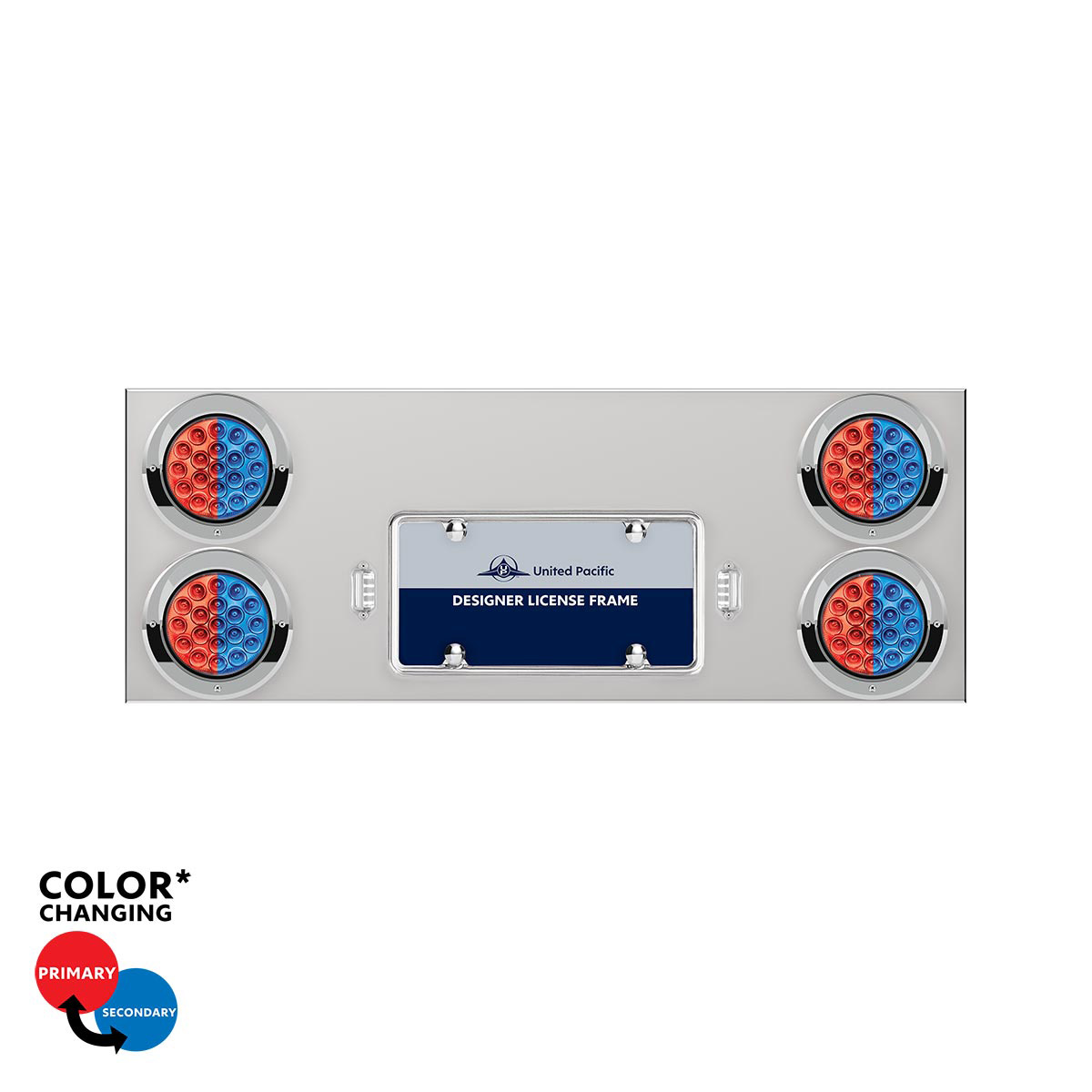 33-3/4" SS Rear Center Panel With 4X 19 LED 4" Double Fury Lights & Visors-Red & Blue LED34104