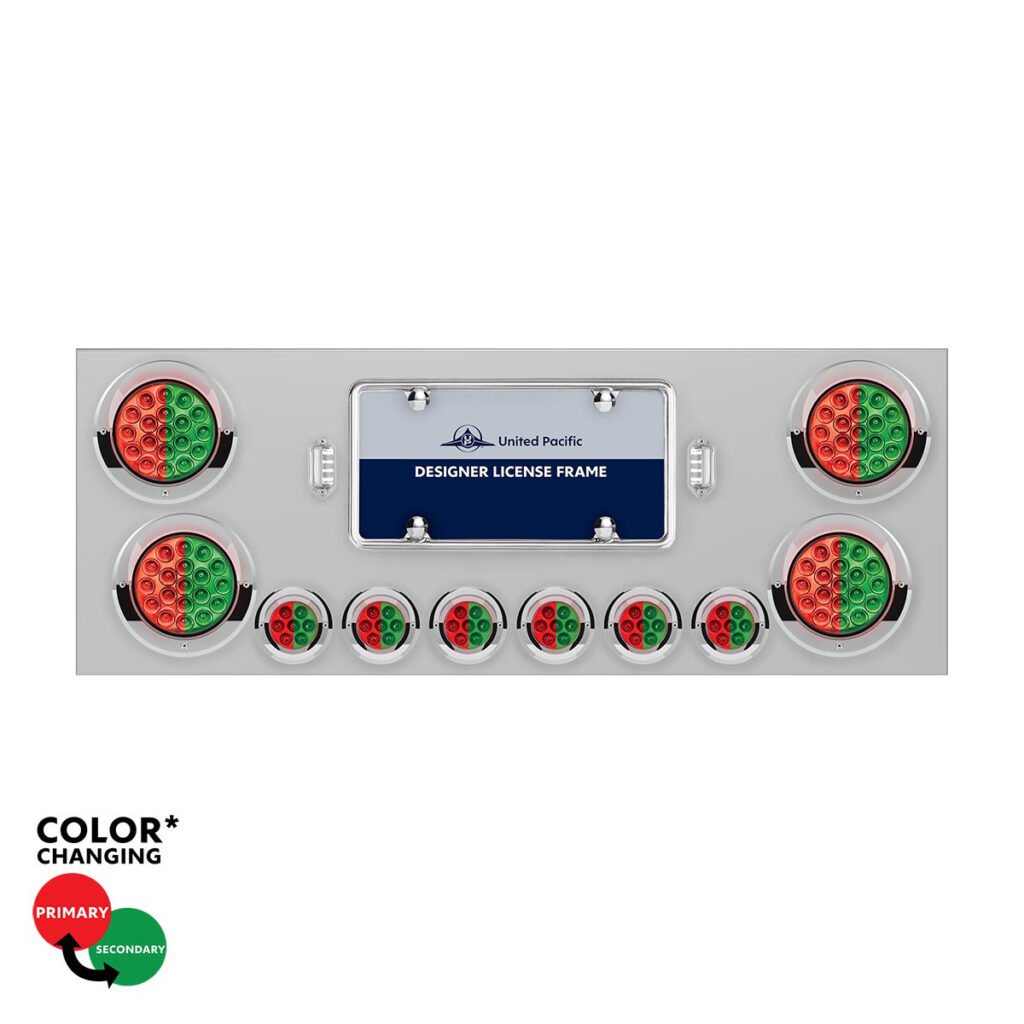 SS Rear Center Panel With 4X 19 LED 4" & 6X 7 LED 2" Double Fury Lights & Visors-Red & Green LED34109