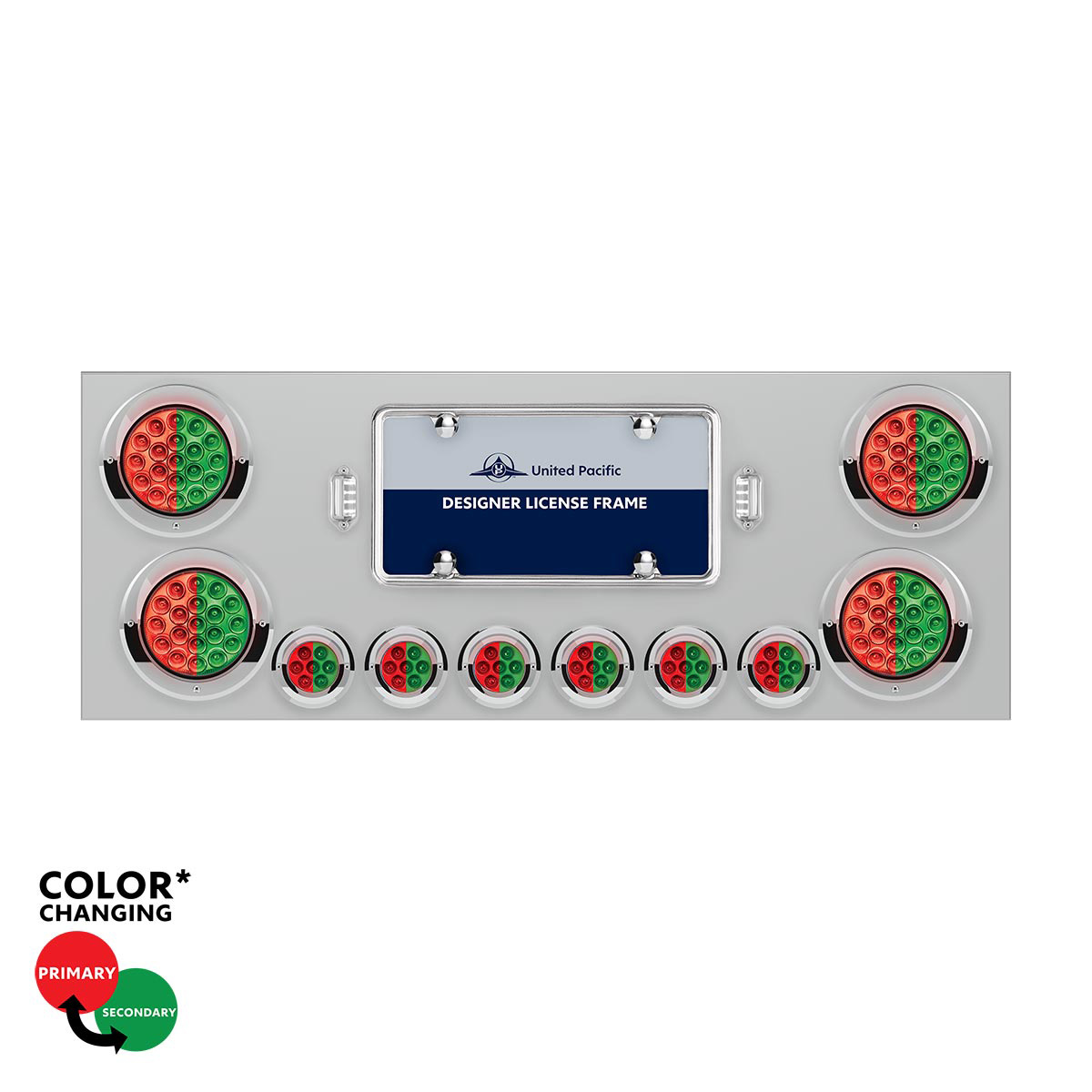 SS Rear Center Panel With 4X 19 LED 4" & 6X 7 LED 2" Double Fury Lights & Visors-Red & Green LED34109