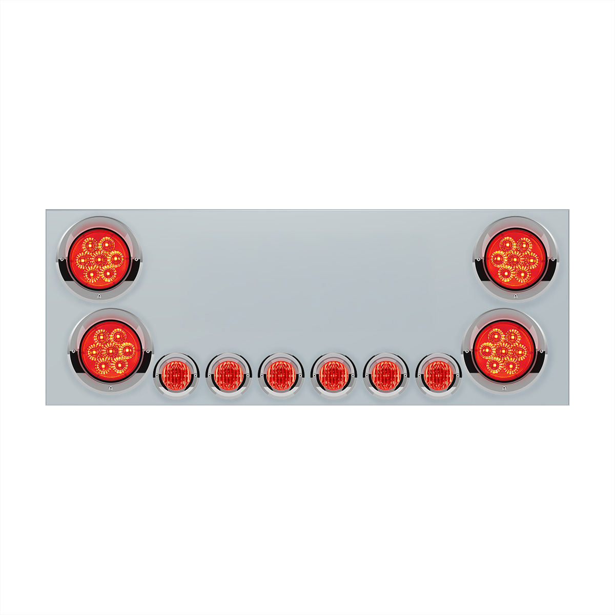SS Rear CP With 4X 7 LED 4" Reflector Lights & 6X 9 LED 2" Lights & Visors (No LP Holes)-Red LED & Lens 34154