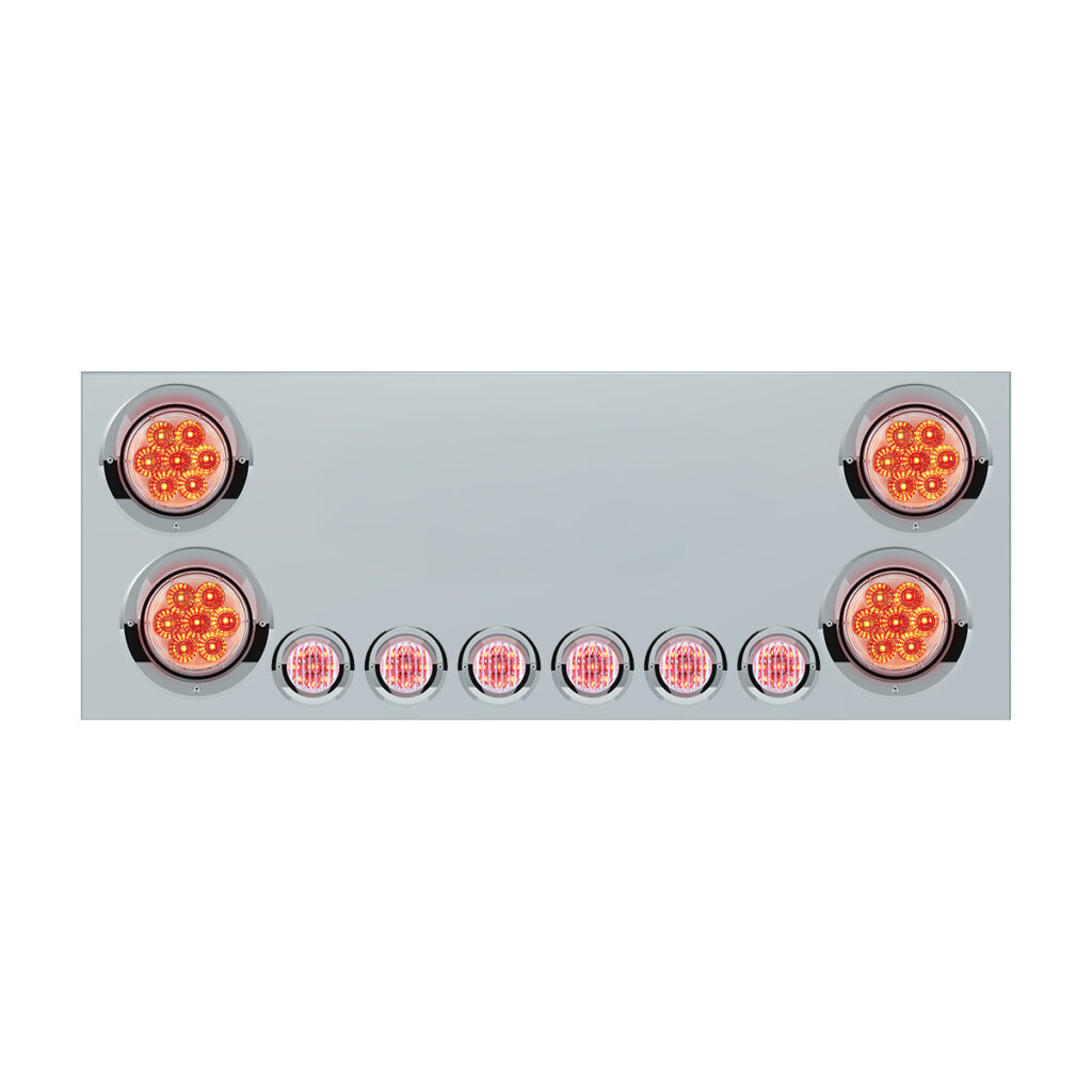 SS Rear CP With 4X 7 LED 4" Reflector Lights & 6X 9 LED 2" Lights & Visors (No LP Holes)-Red LED/Clear Lens 34155