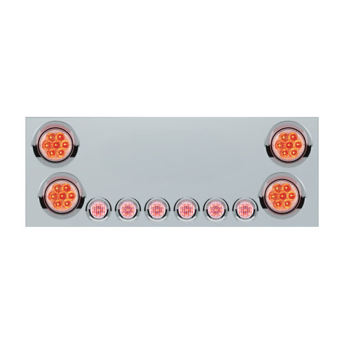 SS Rear CP With 4X 7 LED 4" Reflector Lights & 6X 9 LED 2" Lights & Visors (No LP Holes)-Red LED/Clear Lens 34155
