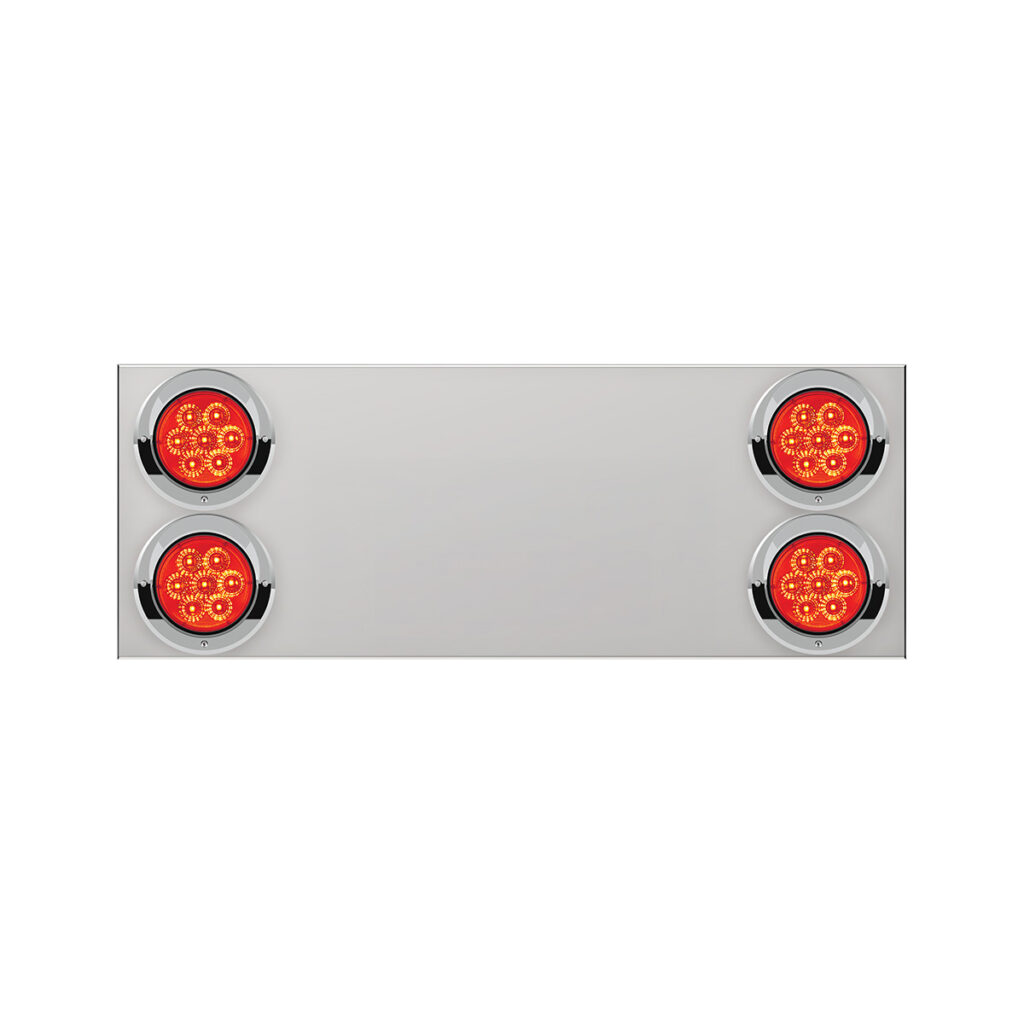 33-3/4" Stainless Rear Center Panel With Four 7 LED 4" Reflector Lights & Visors(No LP Holes)-Red LED/Red Lens 34156