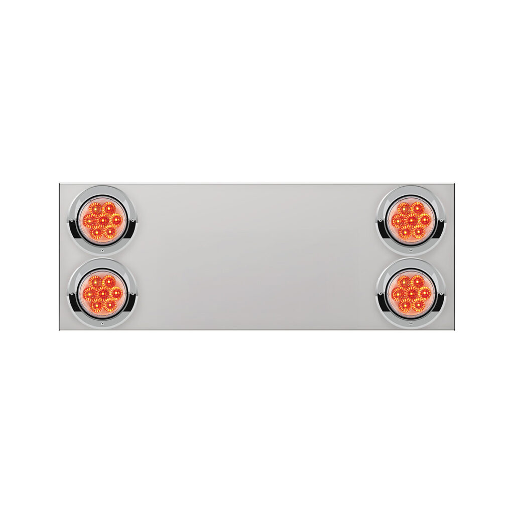 33-3/4" Stainless Rear Center Panel With Four 7 LED 4" Reflector Lights&Visors(No LP Holes)-Red LED/Clear Lens 34157