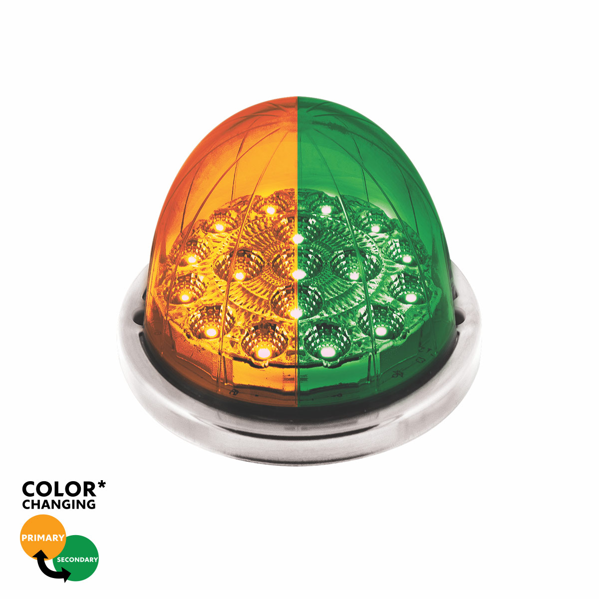 17 LED Watermelon Dual Function Double Fury Light Flush Mount Kit With Low Profile SS Bezel- Amber & Green LED 36203