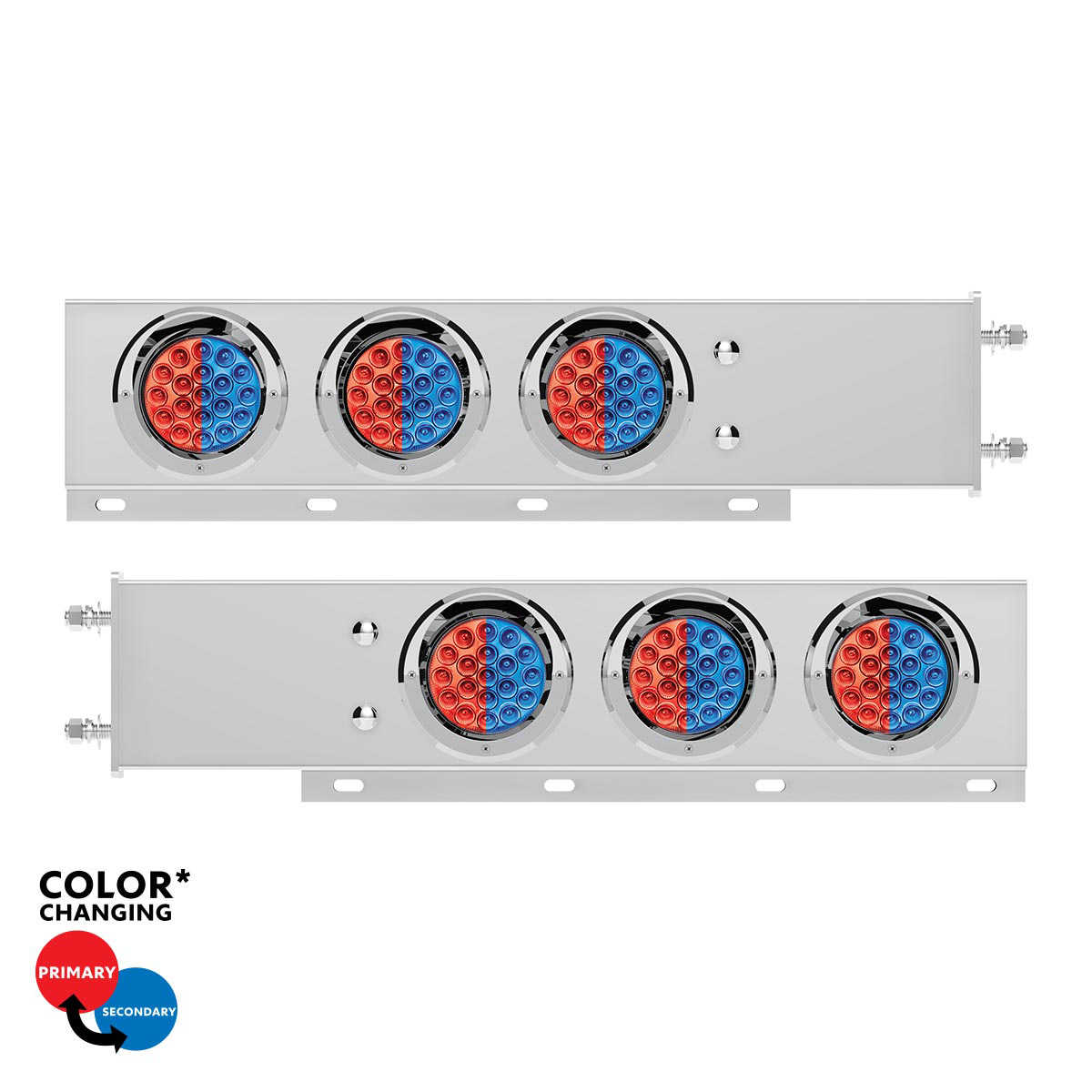 3-3/4" Bolt Pattern SS Spring Loaded Light Bar With 6X Double Fury 19 LED Lights & Visors-Red & Blue(Pair) 61044