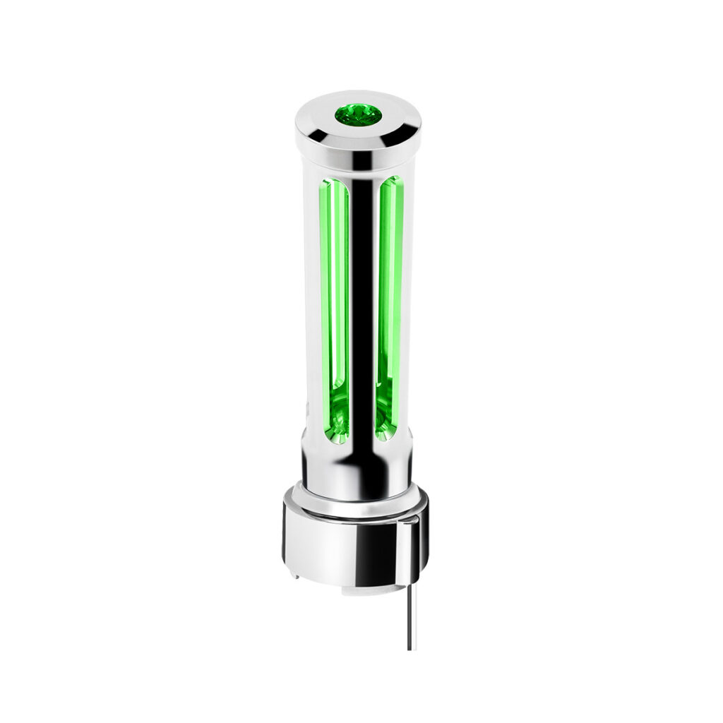 Thread-On Chrome Sonoma Style Gearshift Knob With LED 9/10 Speed Adapter-Dark Green Crystal/Green LED 71138