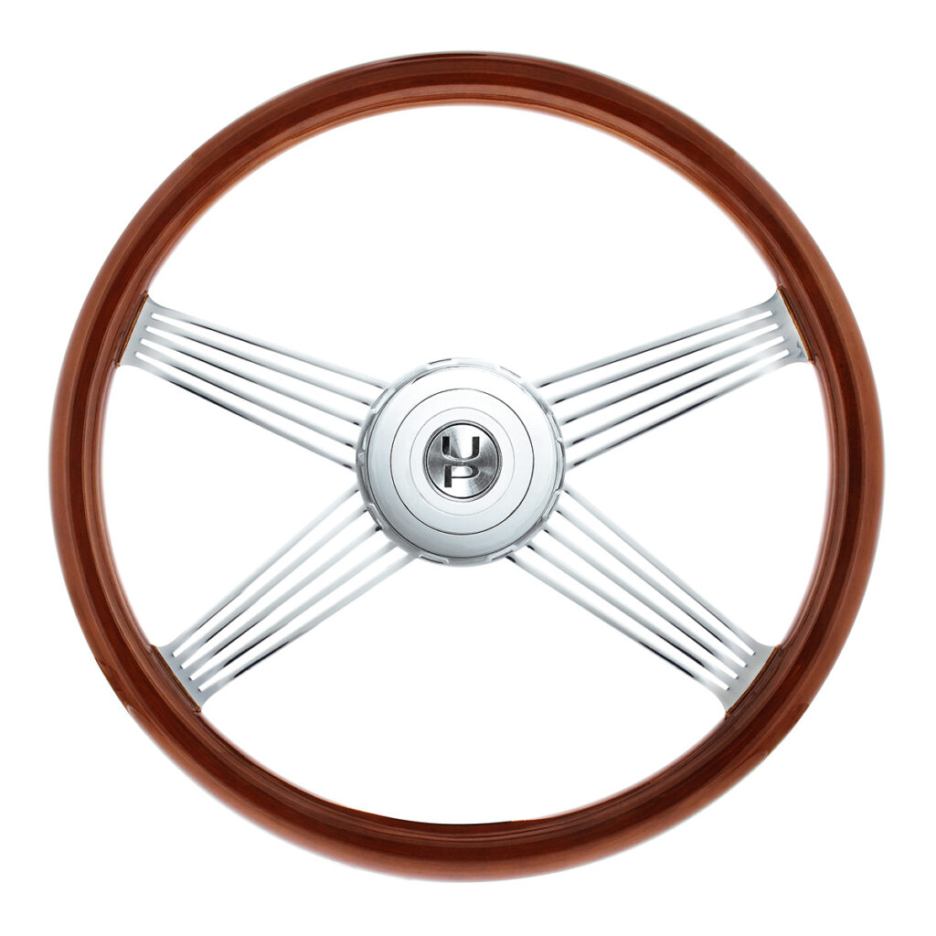 18" Chrome 4 Spoke With Wire Cutout Steering Wheel With Horn Bezel & Button-Wood Grain 88118