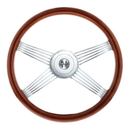 18" Chrome 4 Spoke With Wire Cutout Steering Wheel With Horn Bezel & Button-Wood Grain 88118