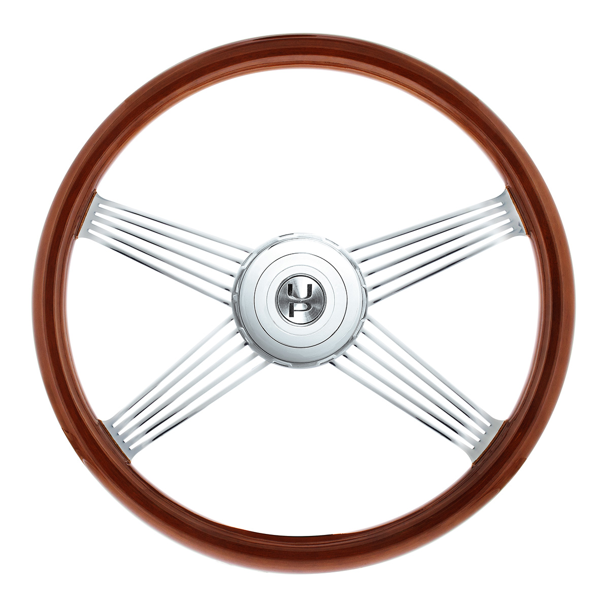 18" Chrome 4 Spoke With Wire Cutout Steering Wheel With Horn Bezel & Button-Wood Grain 88118
